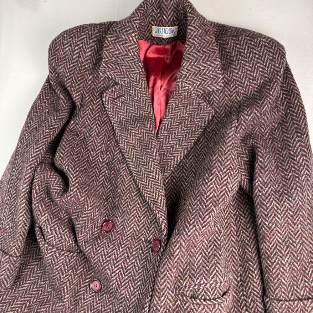 Vintage J.G. Hook Burgundy Herringbone Wool Double Breasted Overcoat USA Made - Picture 2 of 7